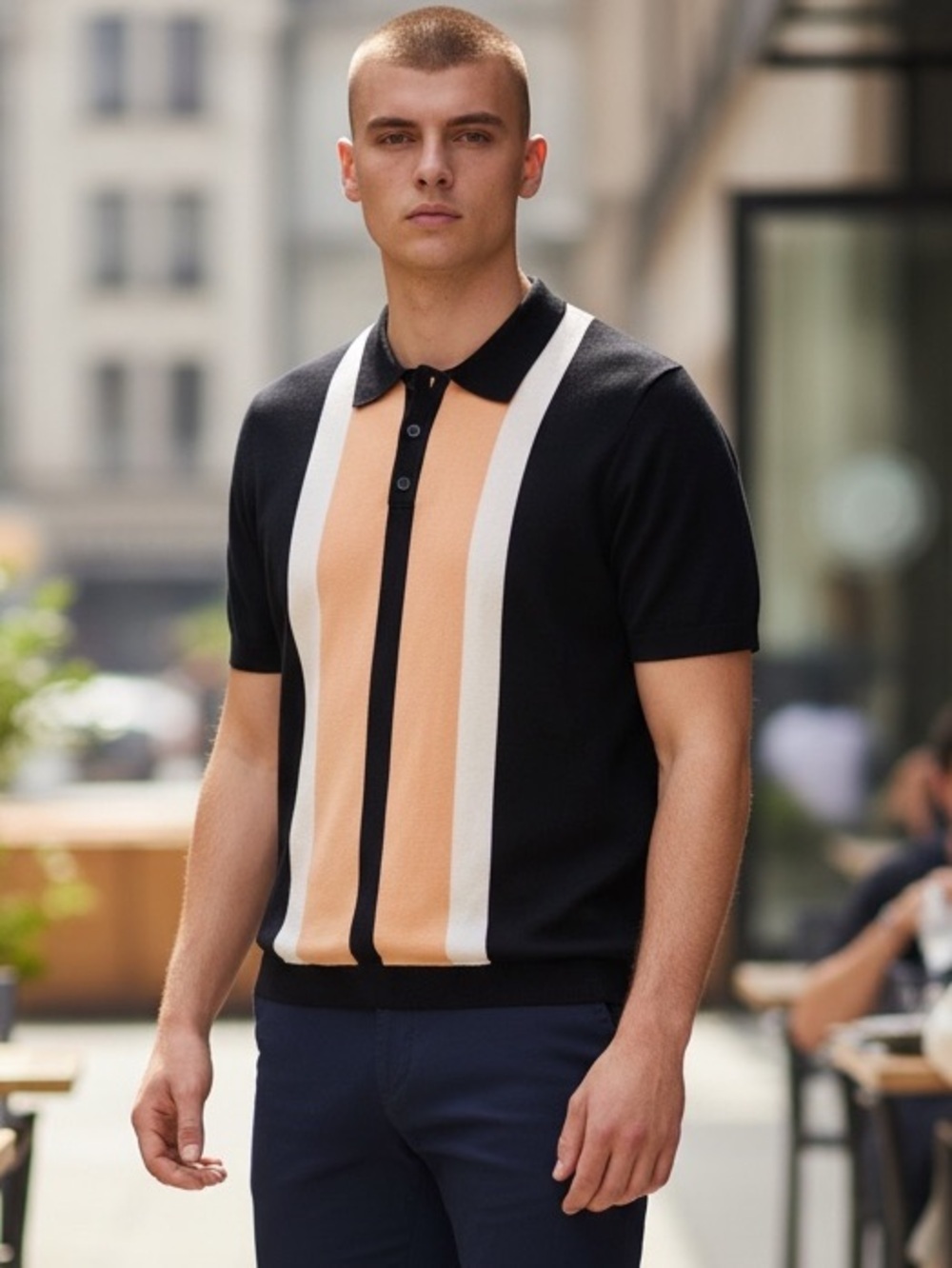 Magaschoni Collared Sweater Short Sleeve Button Down Black/Tan/White Size-L NWT